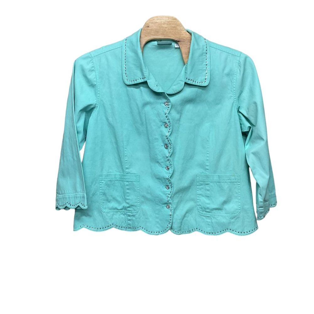 Quacker Factory Green Blazer Jacket 2XL Cotton Blend Long Sleeve‎ Women's Top